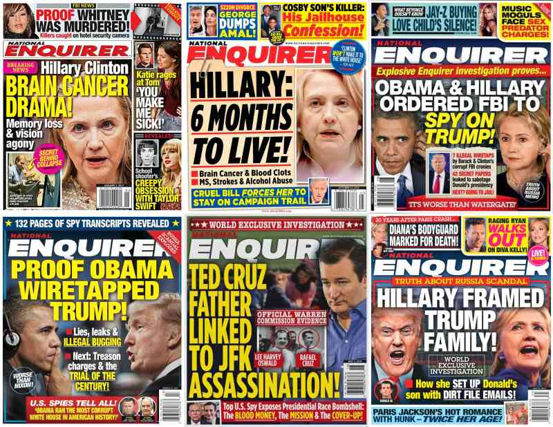 Una selección de portadas del National Enquirer alrededor de las elecciones de 2016. Si estás viendo esto en un dispositivo móvil, selecciona la imagen para ampliarla